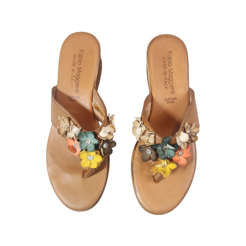 Fabio Maggenti Wedge Sandals Women 7.5M Tan Leather Floral Rhinestone Italy